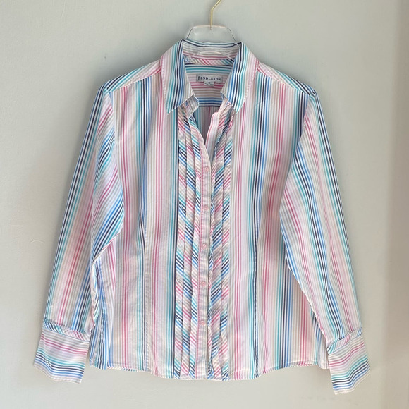 Pendleton Multicolor Striped Long Sleeve Blouse Size 16 Ruffle Trim Candy Pastel - Picture 1 of 9